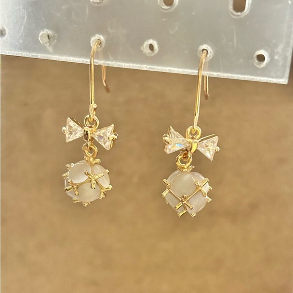 Chic Gold Tone Bow & Moonstone Dangle Earrings - Picture 2 of 5